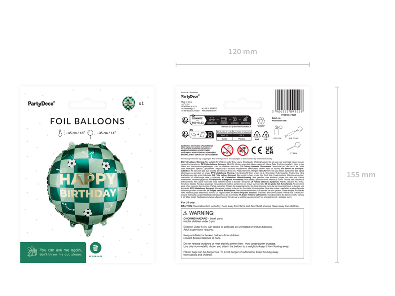 Balon folie „Happy Birthday” cu tematica fotbal, 35 x 35 cm