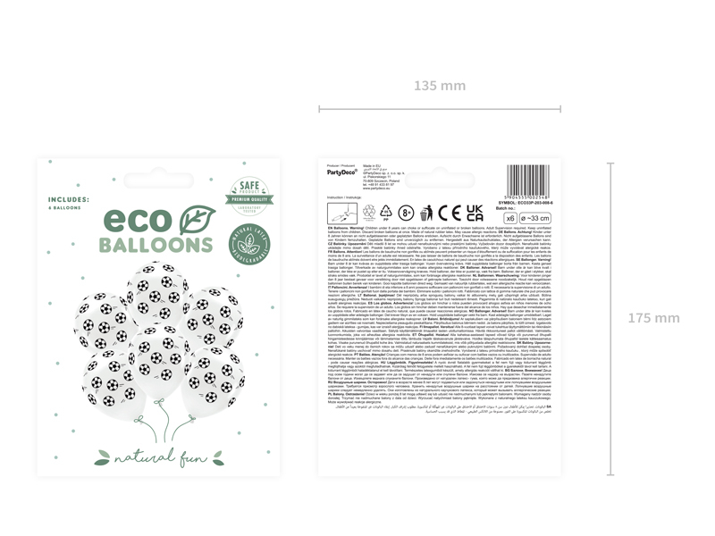 Baloane eco latex (6 buc) fotbal, albe cu imprimeu negru, 33 cm