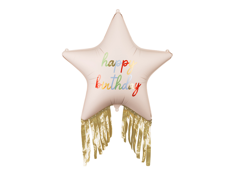 Balon folie stea cu franjuri „Happy Birthday”, 72x72cm Pastel/Auriu