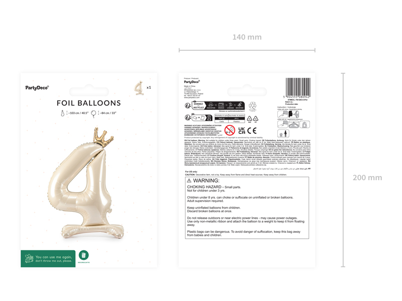 Balon Din Folie Cifra 4, Crem cu Coroana Aurie 84cm