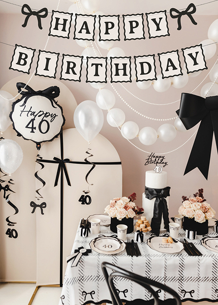 Banner Happy Birthday cu Fundițe, 1m, crem/negru