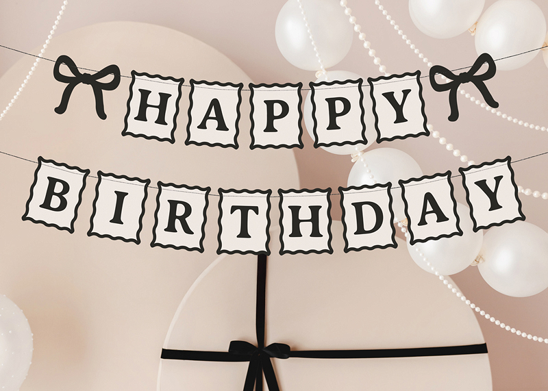 Banner Happy Birthday cu Fundițe, 1m, crem/negru
