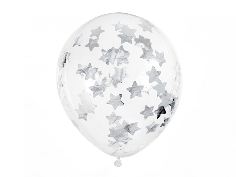 set Baloane cu confetti stele 30cm, argintiu (6 buc)