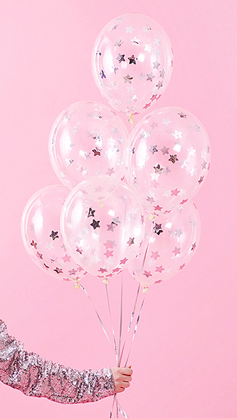 set Baloane cu confetti stele 30cm, argintiu (6 buc)