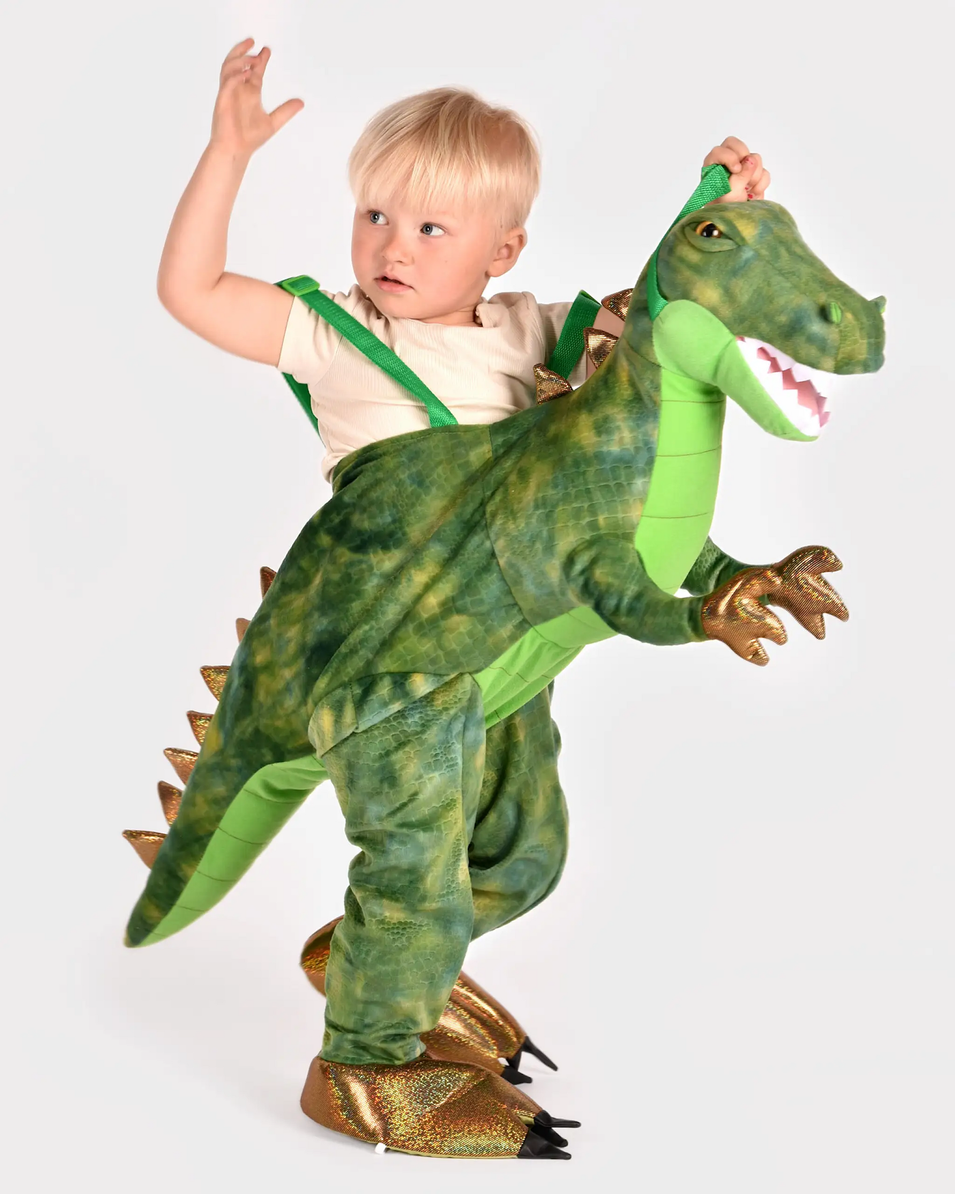 Costum Halloween T-Rex Ride-On verde pentru copii 3–8 ani, cu efect de copil călare pe dinozaur