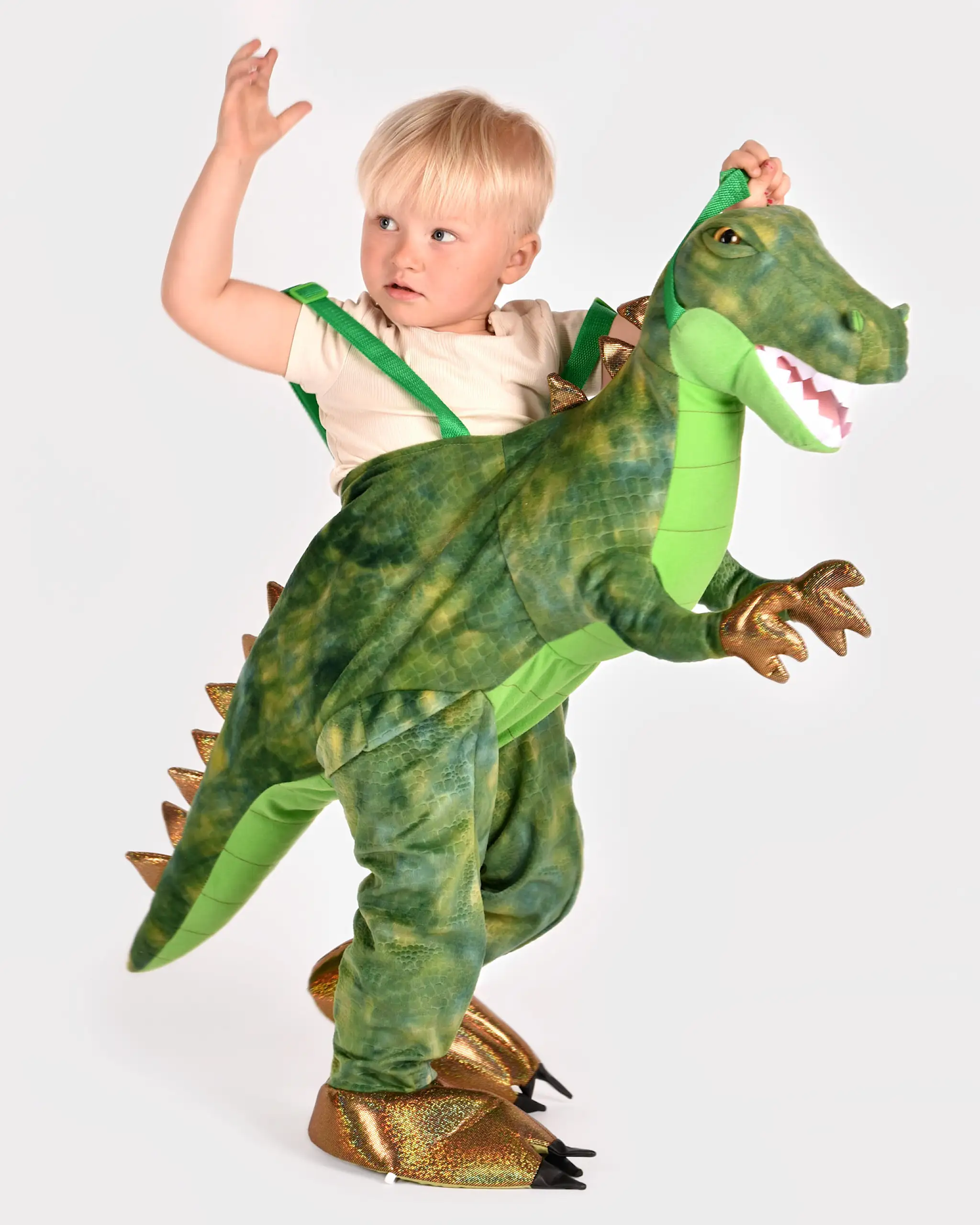 Costum Halloween T-Rex Ride-On verde pentru copii 3–8 ani, cu efect de copil călare pe dinozaur