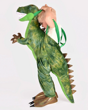 Costum Halloween T-Rex Ride-On verde pentru copii 3–8 ani, cu efect de copil călare pe dinozaur