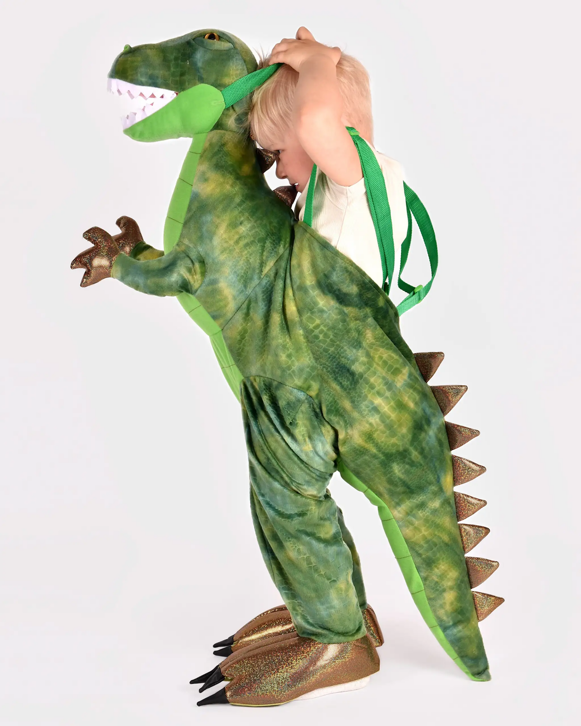 Costum Halloween T-Rex Ride-On verde pentru copii 3–8 ani, cu efect de copil călare pe dinozaur