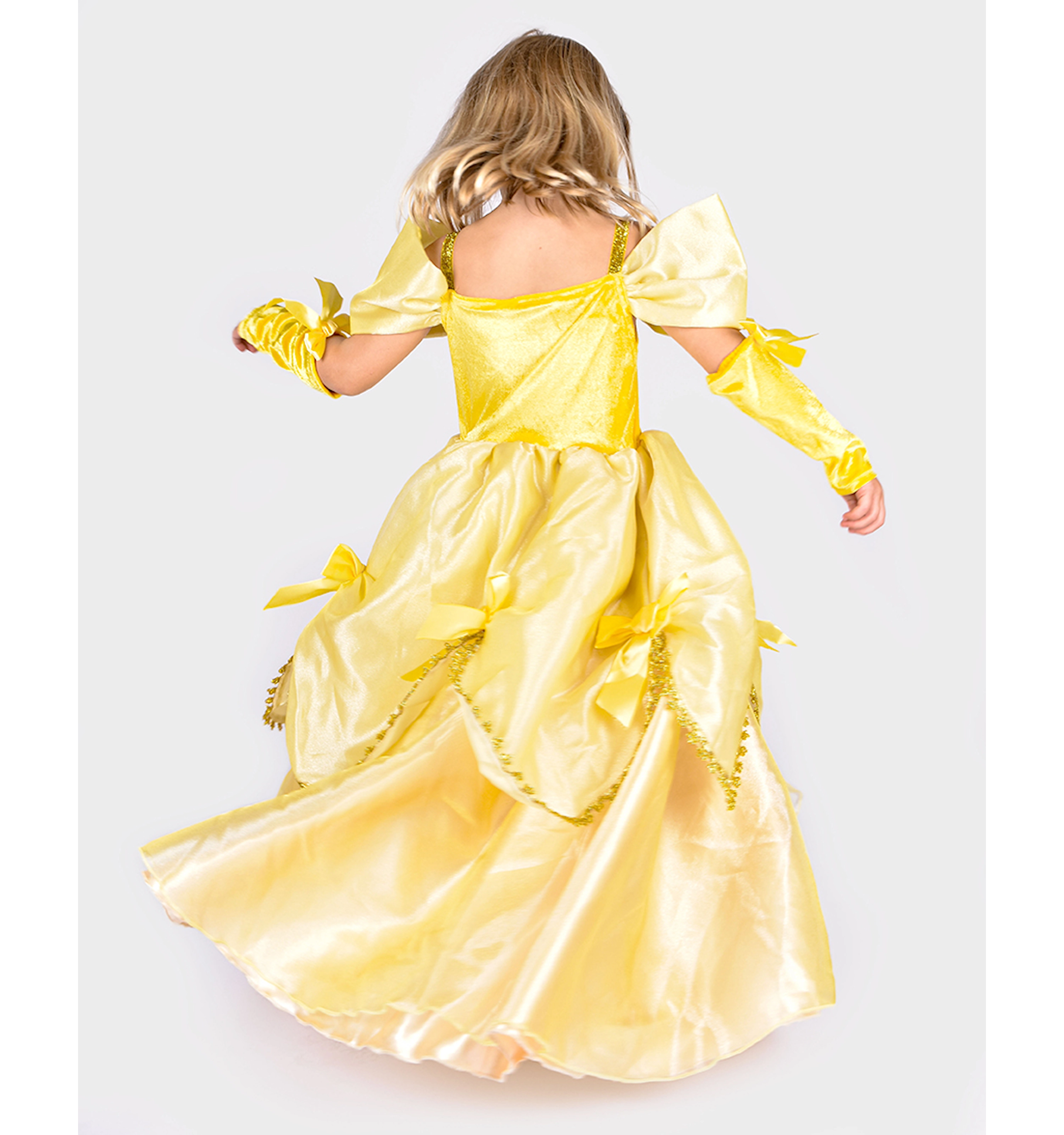 Costum Halloween de prințesă cu rochie galbenă, detalii aurii și accesorii pentru copii 6–8 ani