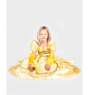 Costum Halloween de prințesă cu rochie galbenă, detalii aurii și accesorii pentru copii 6–8 ani