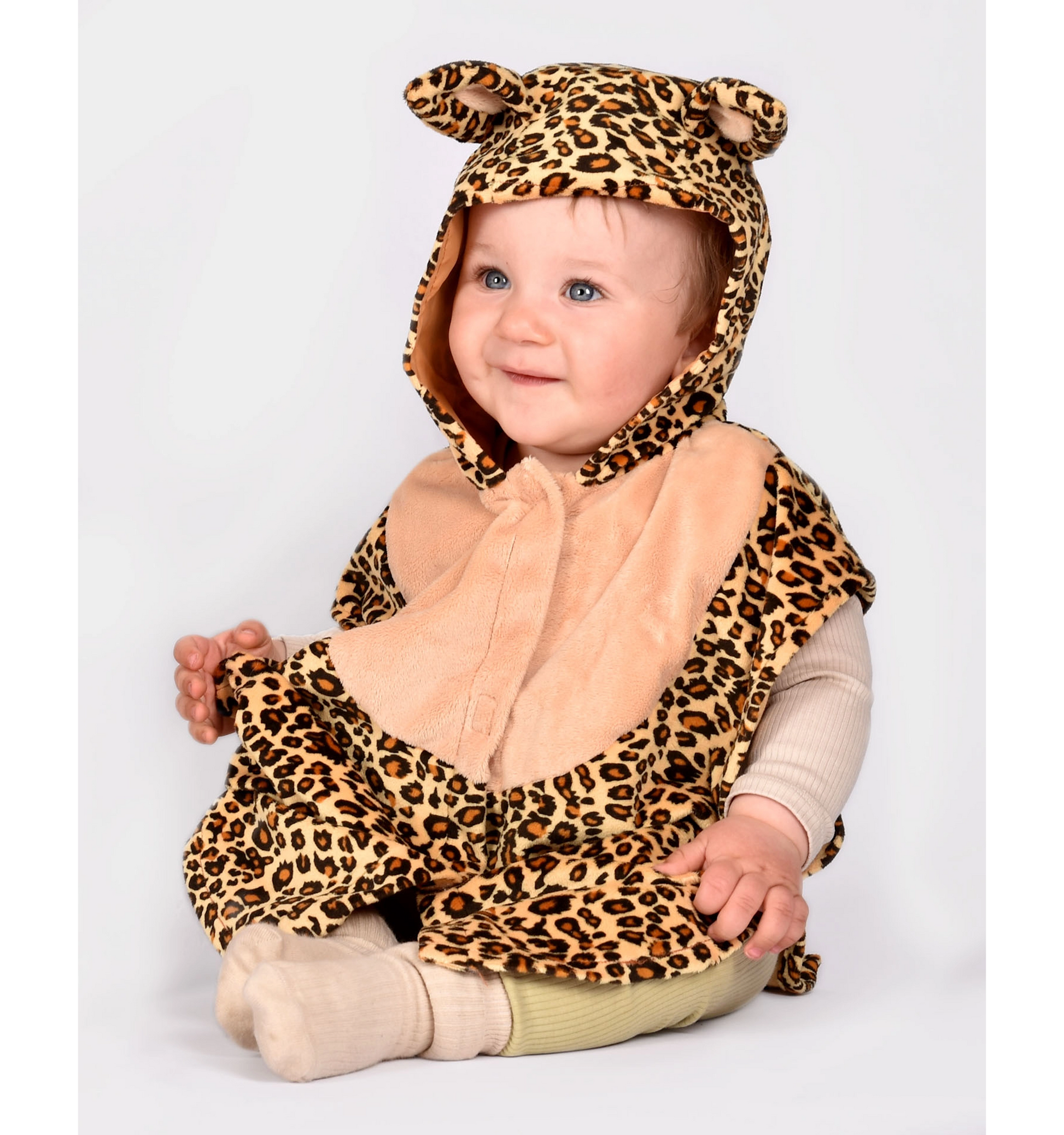 Costum de Halloween leopard pentru copii 1–4 ani, pelerină animal print cu glugă, urechi și coadă