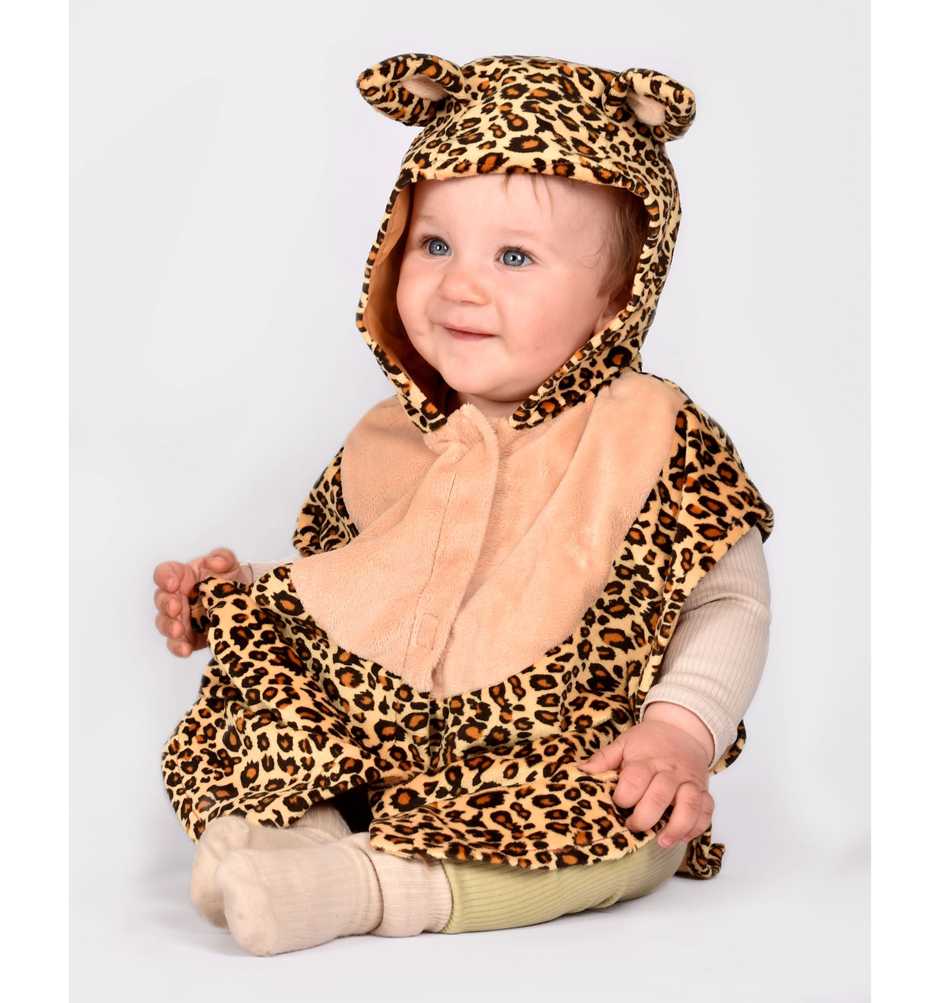 Costum de Halloween leopard pentru copii 1–4 ani, pelerină animal print cu glugă, urechi și coadă
