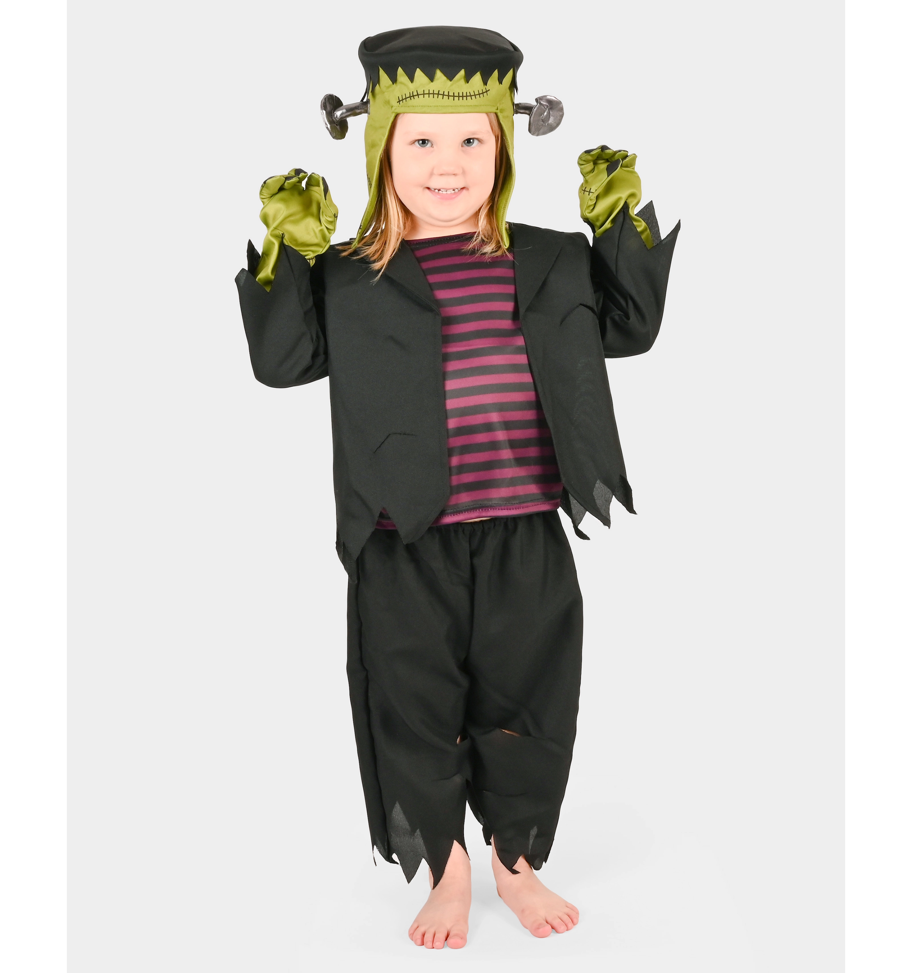 Costum de Halloween monstru verde și negru pentru copii 4–6 ani, cu mănuși și acoperitoare pentru cap