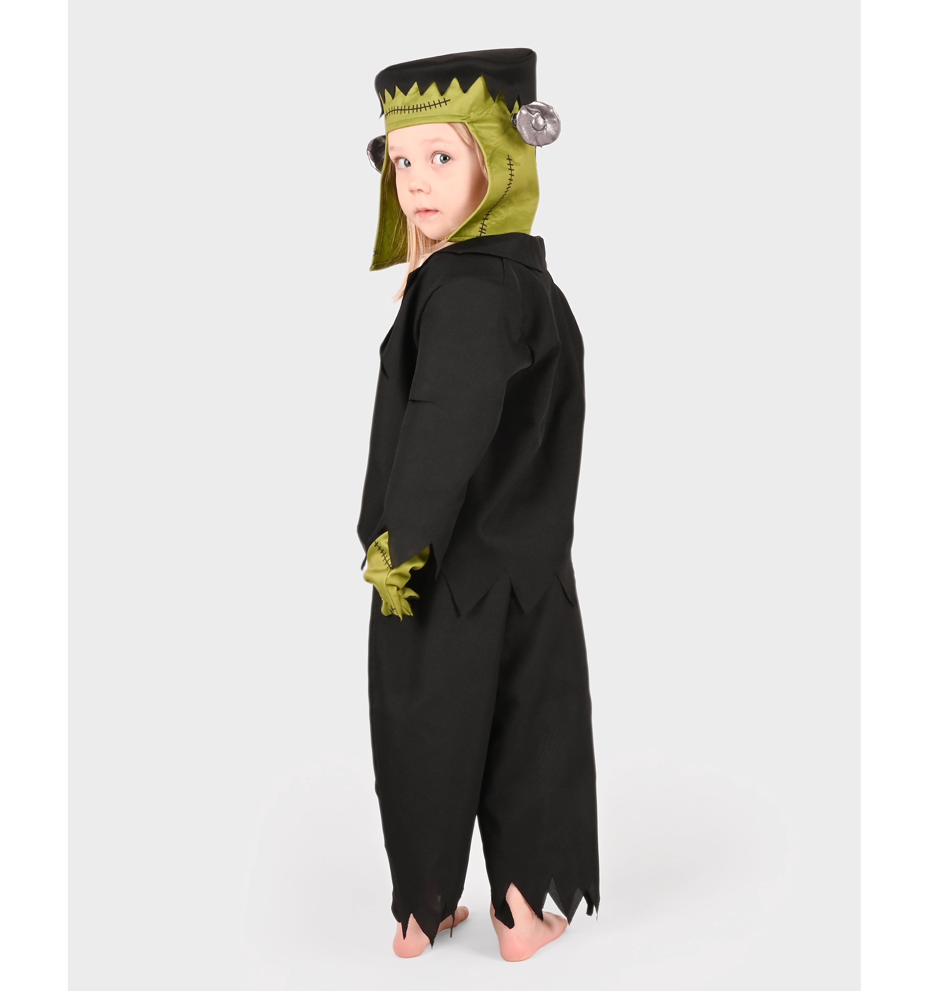Costum de Halloween monstru verde și negru pentru copii 4–6 ani, cu mănuși și acoperitoare pentru cap
