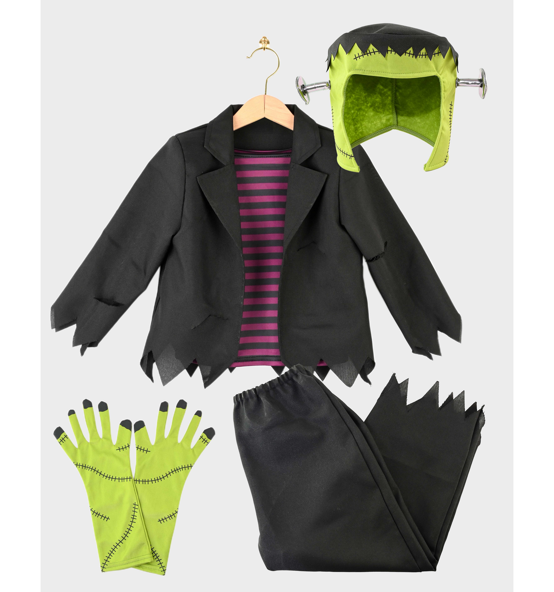 Costum de Halloween monstru verde și negru pentru copii 4–6 ani, cu mănuși și acoperitoare pentru cap