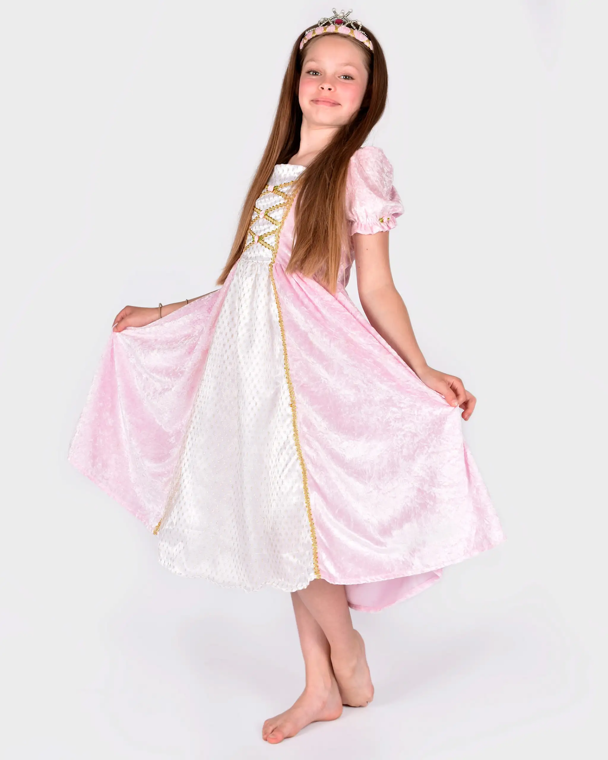 Rochie costum de prințesă roz cu detalii aurii pentru copii 4–6 ani, ideală pentru Halloween și carnaval