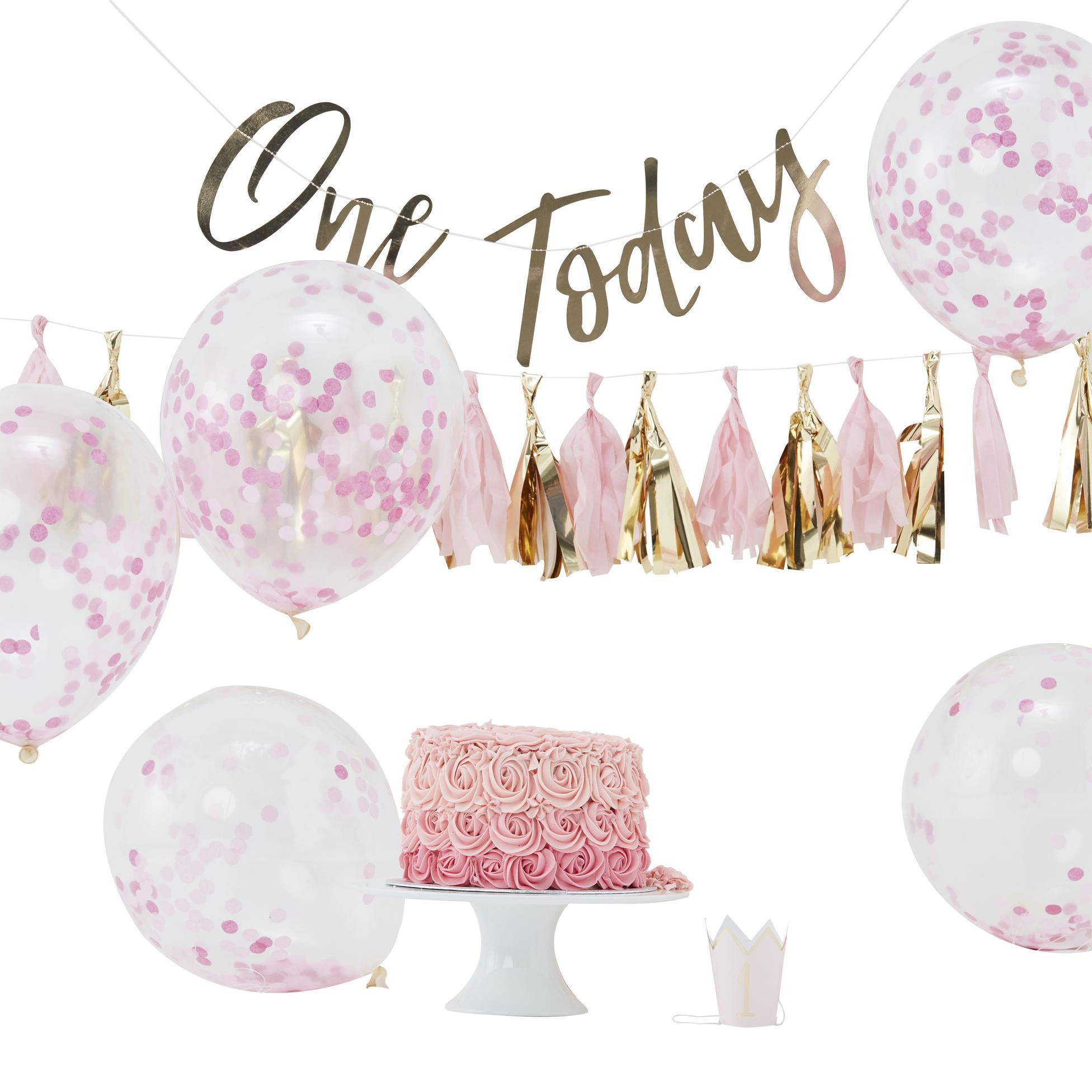Set aniversare 1 an, Ginger Ray, 5 baloane confetti, banner 'One Today', banner franjuri, coif, Roz si Auriu