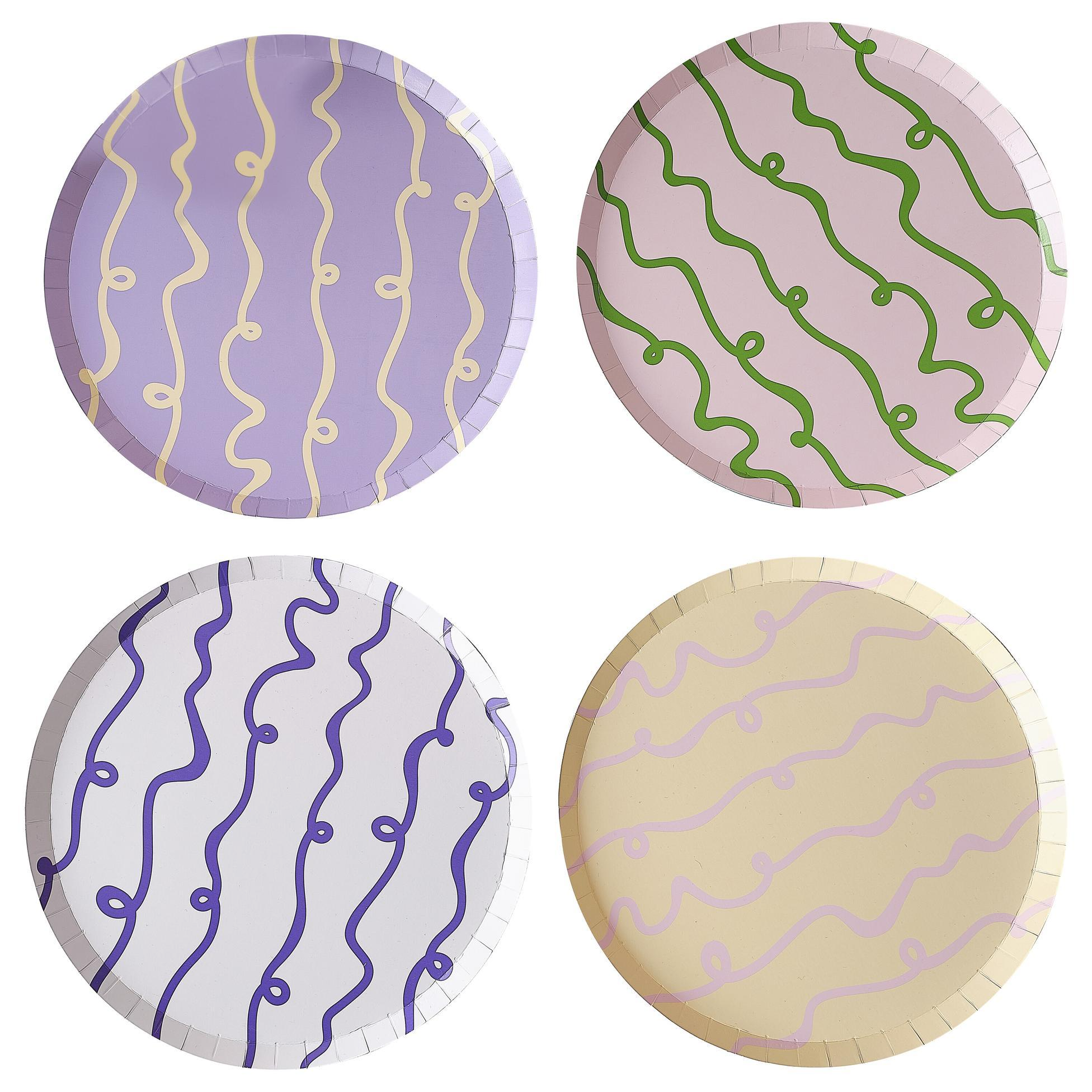 Set 8 Farfurii de hartie pastelate cu decoratiuni ondulate pentru aniversari, roz & mov