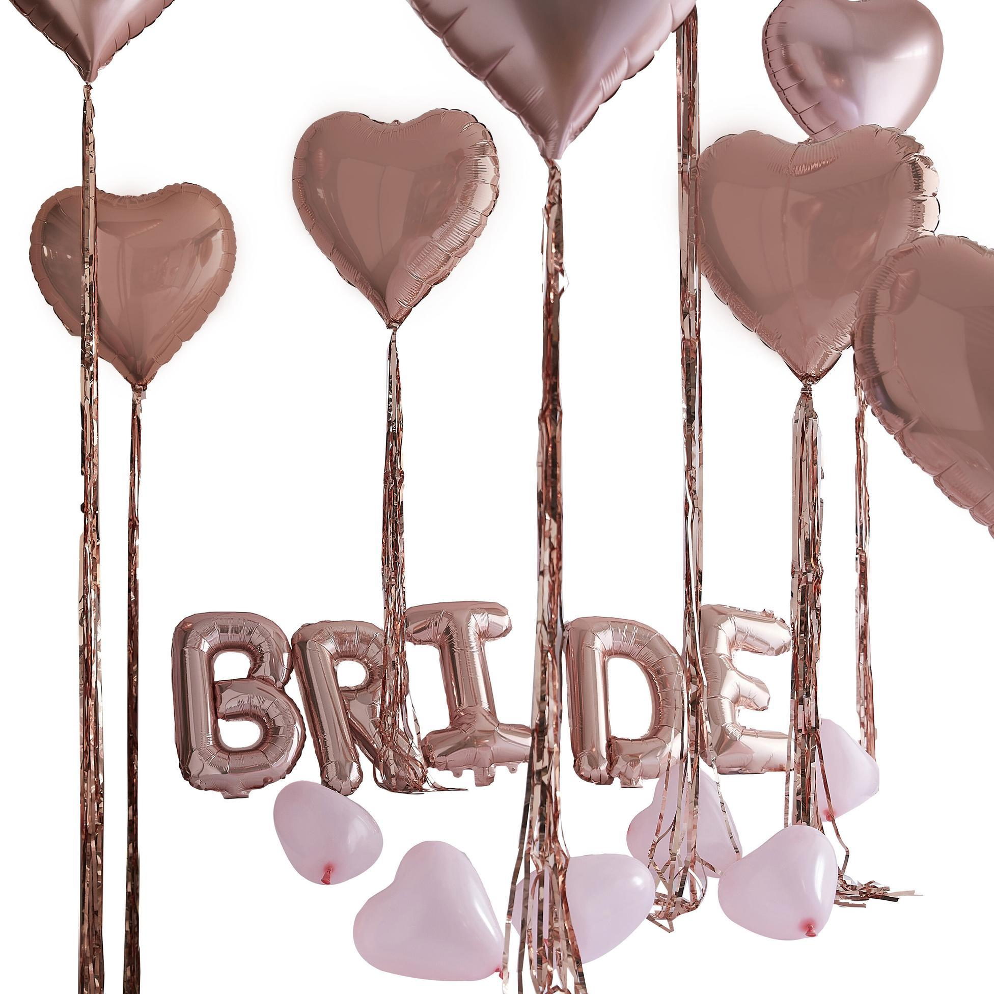 Set de Decoratiuni cu Baloane, 'Bride' + 17 de baloane Inimi, Roz Auriu