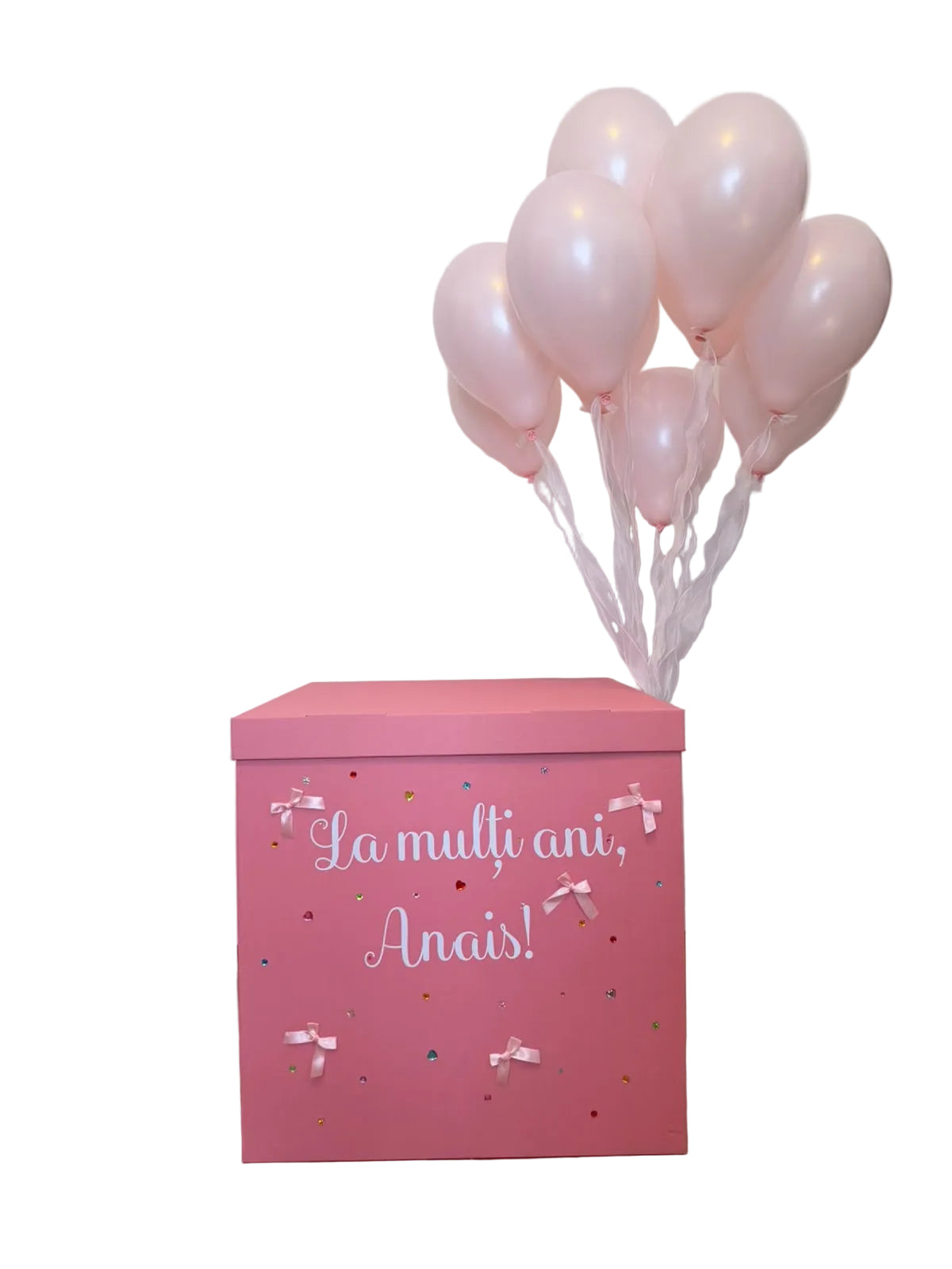 Princess Box – Cutie Surpriză Roz Personalizată cu 10 Baloane cu Heliu (Ridicare)