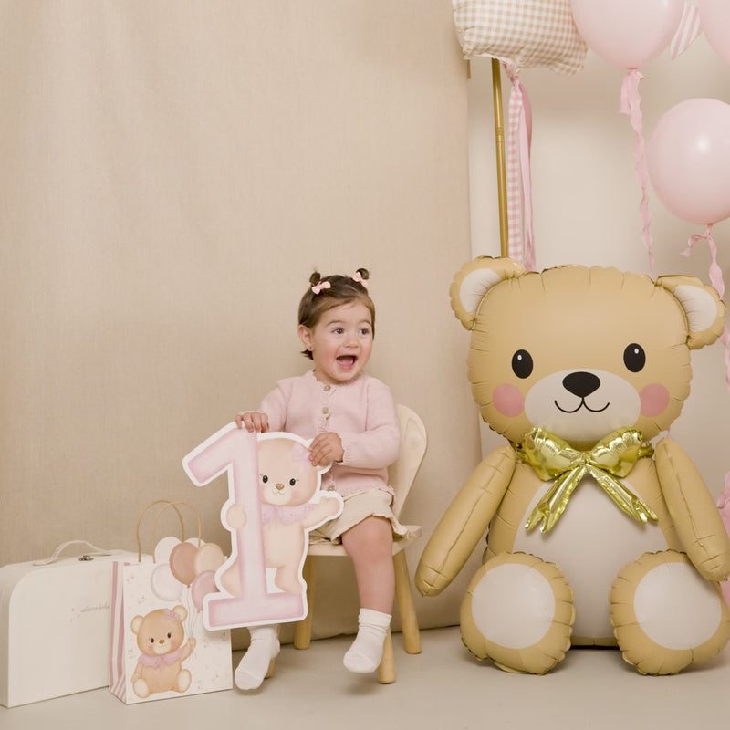 Ghirlandă cu fanioane roz Vichy și florale Baby Pink Bear, decor pentru petrecere cu ursuleți