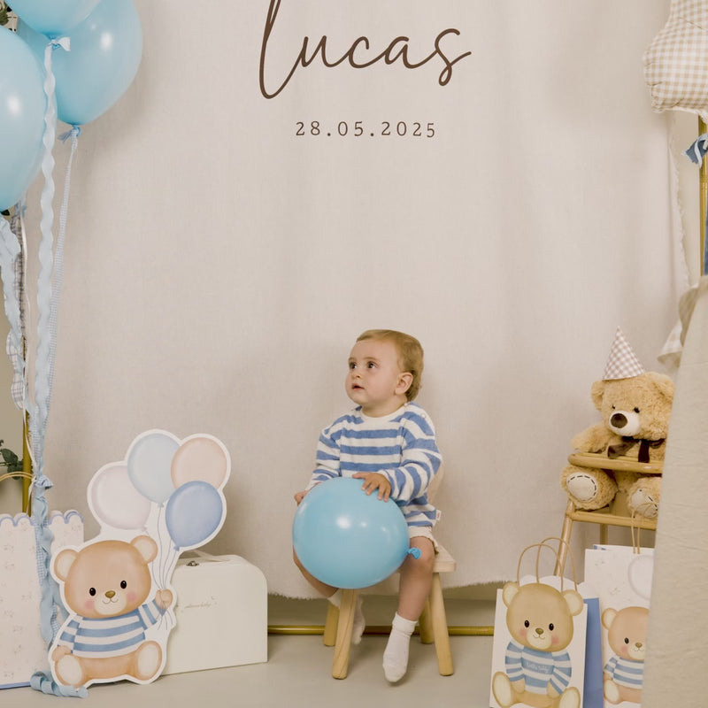 Ghirlandă cu fanioane albastre Vichy și florale Baby Blue Bear, decor pentru petrecere cu ursuleți