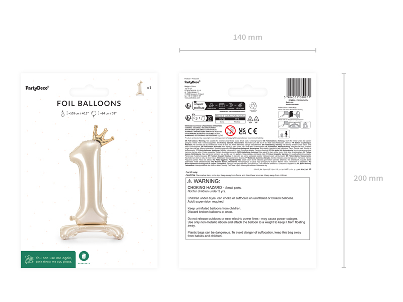 Balon Din Folie Cifra 1, Crem cu Coroana Aurie 84cm