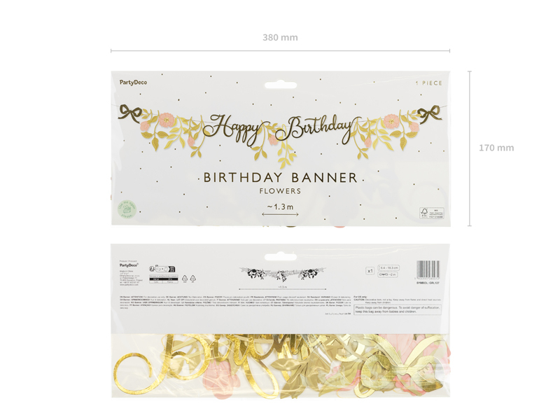 Banner „Happy Birthday” Floral Roz & Auriu, 1.3m