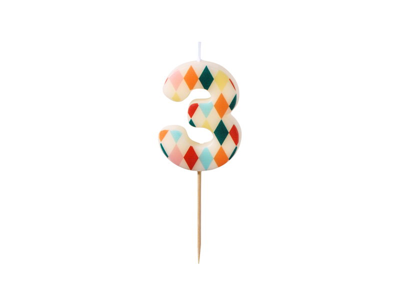 Lumanare de Aniversare Cifra 3 cu Model Romb, 5.5 cm, Mix de Culori