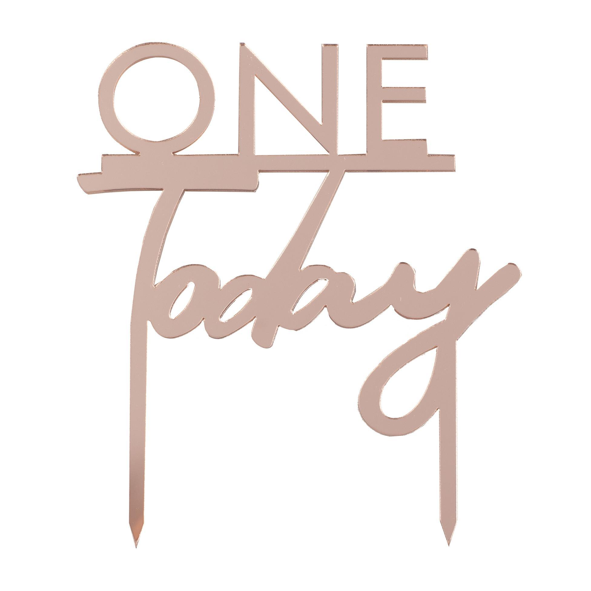 Topper tort pentru aniversare 1 an, One Today, Aur roz, 11x10cm