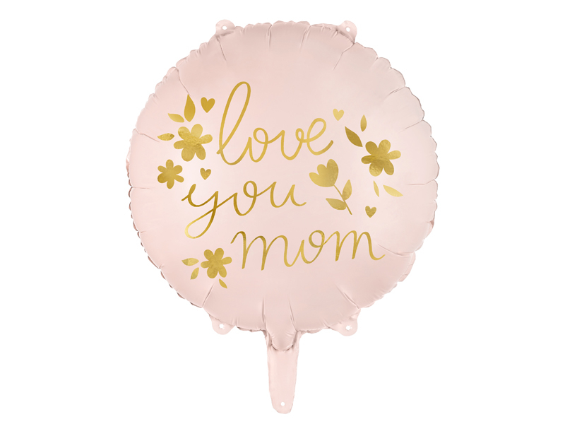 Balon folie „I love you mom” Ziua mamei, 35 cm, Roz cu Inscriptie Aurie