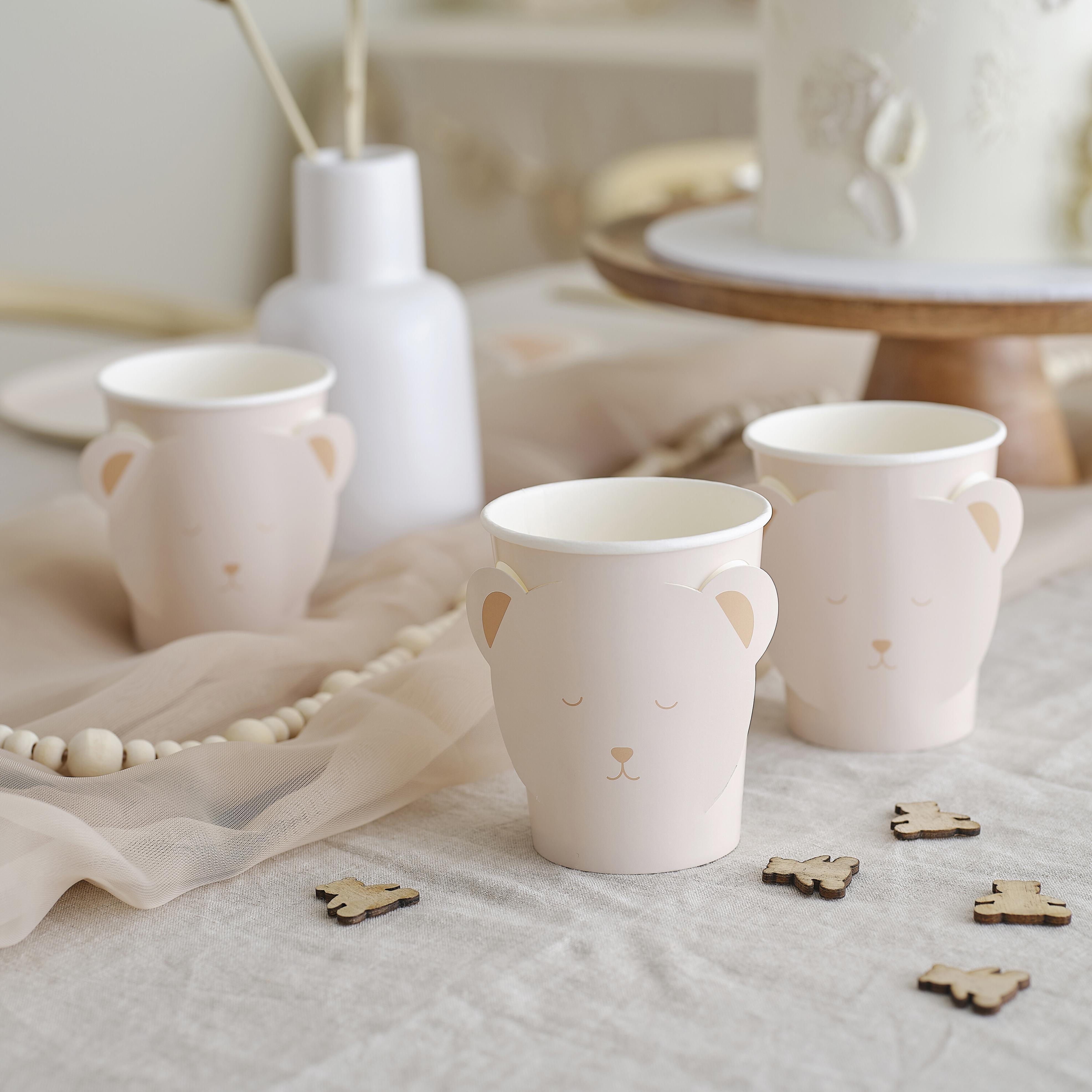 Set 8 Pahare 3D Ursulet pentru Baby Shower, bej si maro
