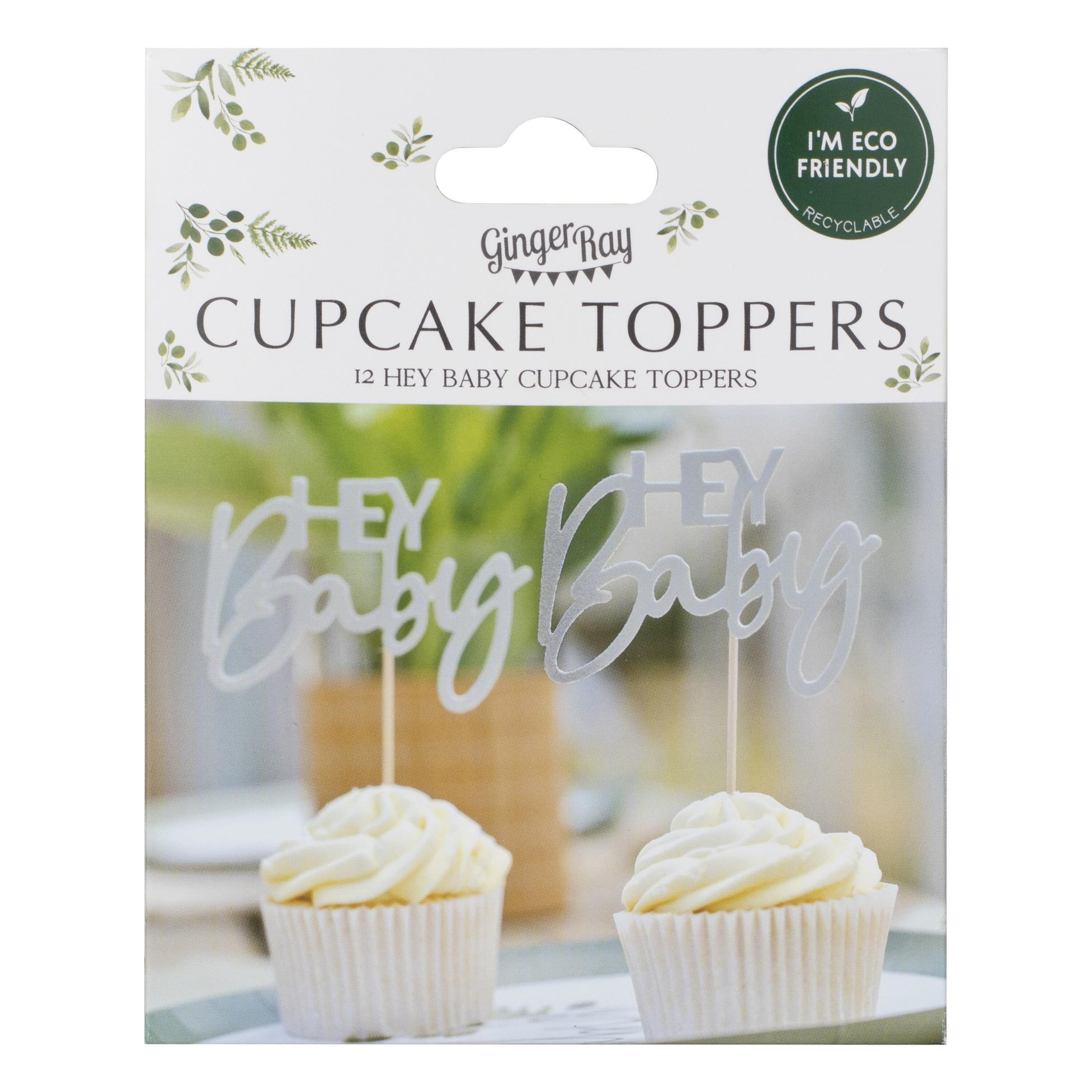 12 Topper-e "Hey Baby" pentru Cupcakes, Baby Shower, Verde Salvie