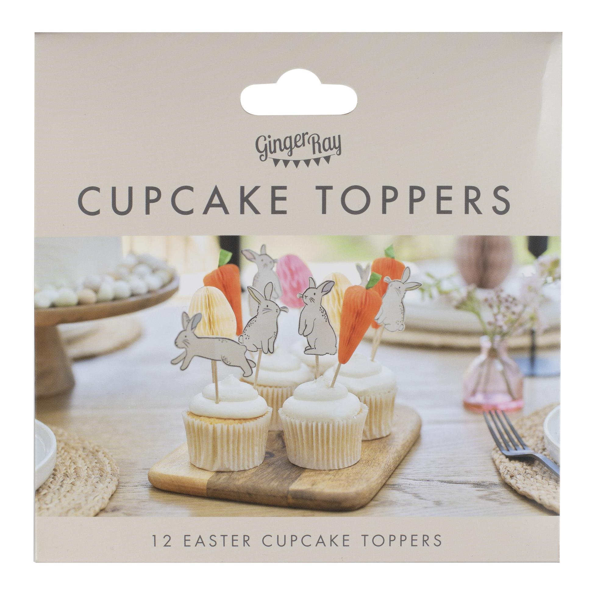 12 Toppers pentru Cupcakes / Tort de Paste - Iepuras, Morcov si Oua