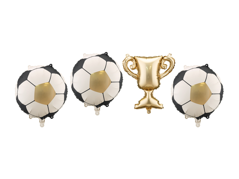 Baloane folie pentru ghirlanda fotbal (4 buc) trofeu auriu + mingi alb-negru, 33cm