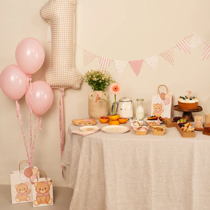 Ghirlandă cu fanioane roz Vichy și florale Baby Pink Bear, decor pentru petrecere cu ursuleți