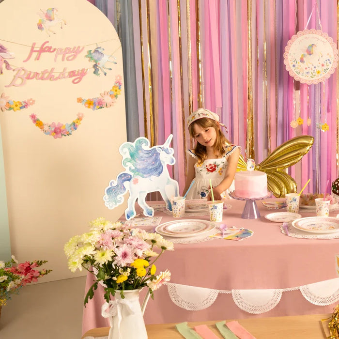 Ghirlandă dublă Happy Birthday cu unicorni și flori pastelate, 3,10 m