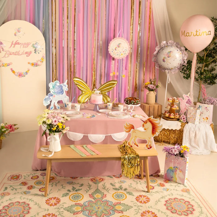 Ghirlandă dublă Happy Birthday cu unicorni și flori pastelate, 3,10 m