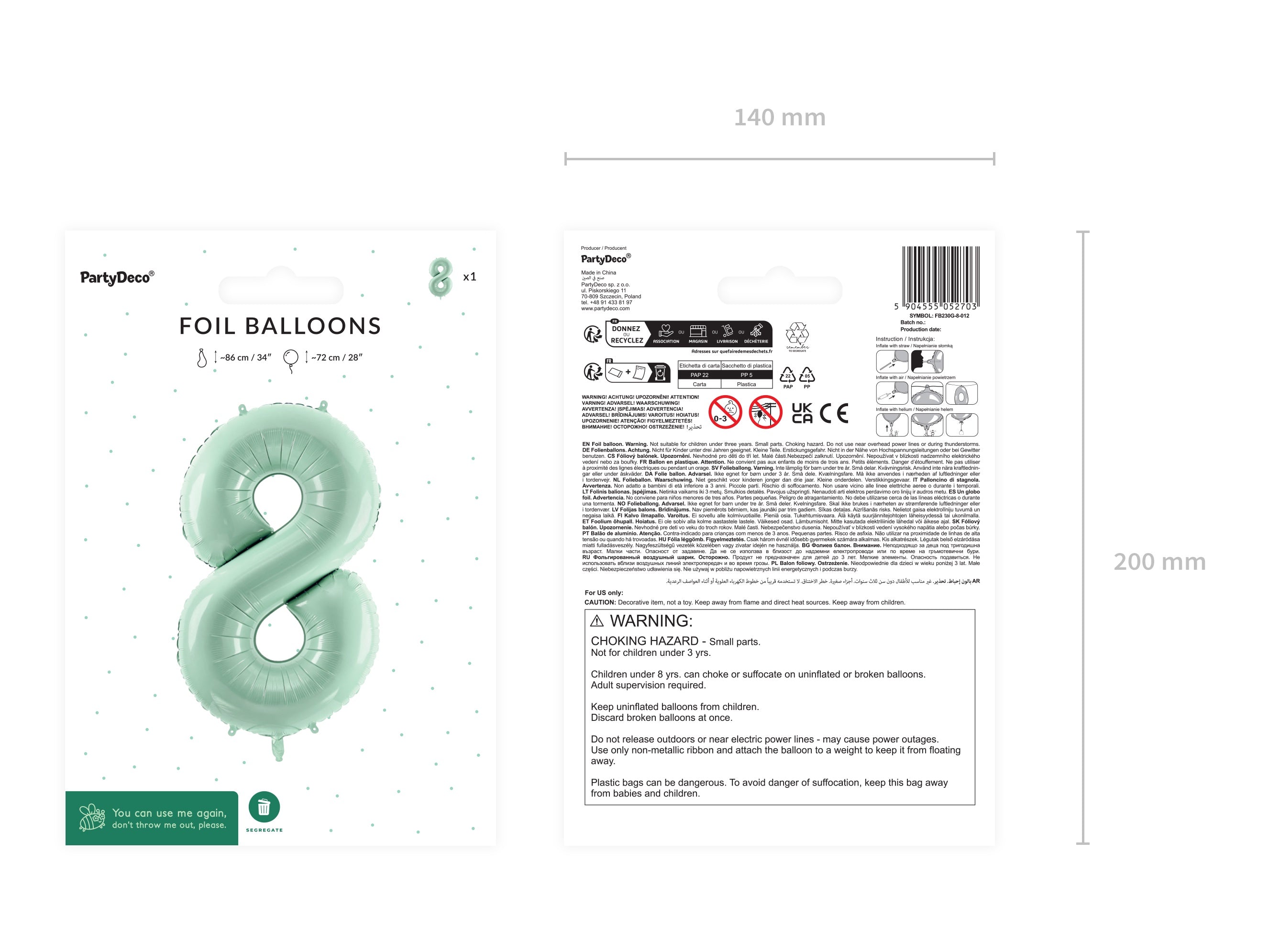 Balon folie cifra 8 verde pastel 72cm
