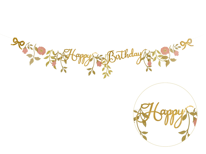 Banner „Happy Birthday” Floral Roz & Auriu, 1.3m